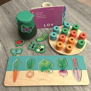Lovevery Toys & Guide - Stacking Peg Board, Fuzzy Bug Shrub + Puzzle (16-18 mos)